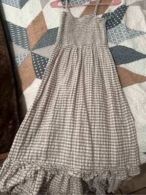 Beige and White Gingham Smocked Sundress